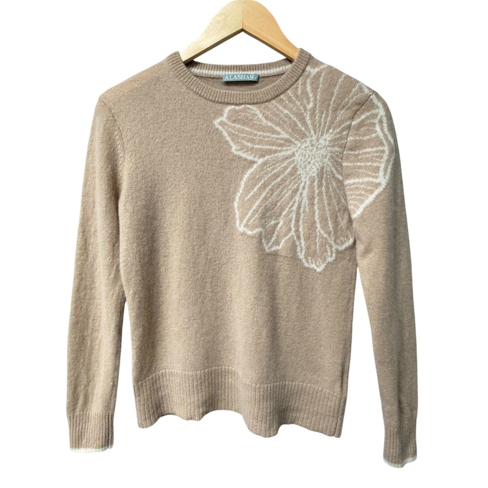 Alashan 100% Cashmere Sweater Womens S Tan Floral Intarsia Crewneck Pullover EUC